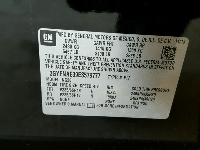 3GYFNAE39ES579777 - 2014 CADILLAC SRX BLACK photo 10