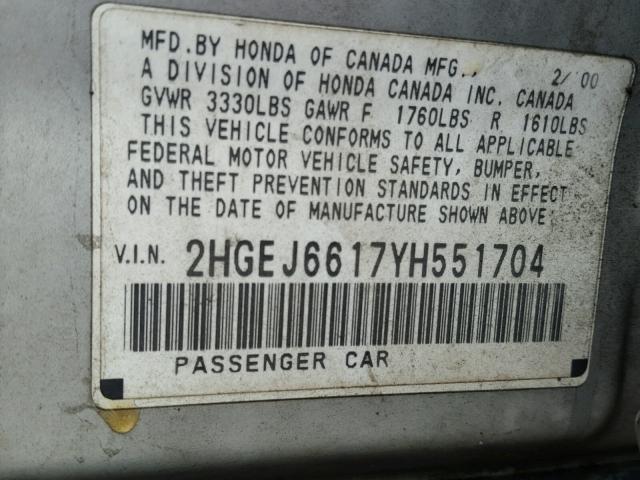 2HGEJ6617YH551704 - 2000 HONDA CIVIC BASE SILVER photo 10