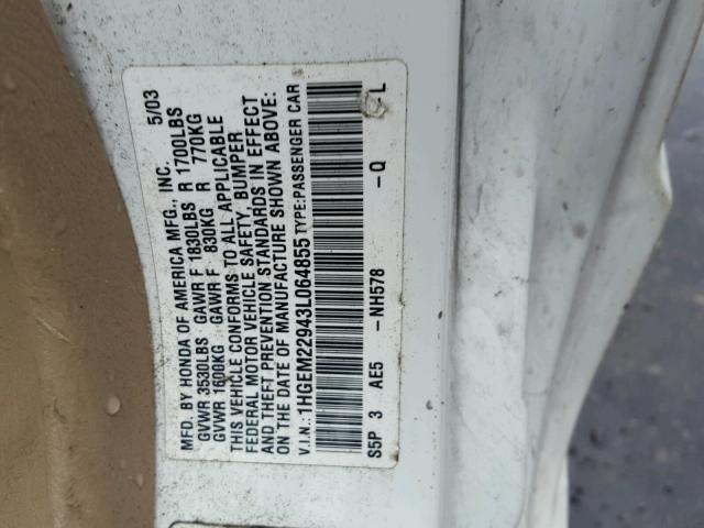 1HGEM22943L064855 - 2003 HONDA CIVIC EX WHITE photo 10