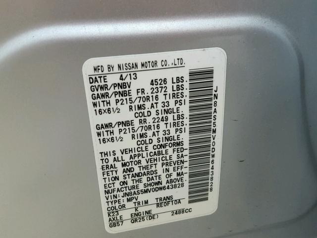 JN8AS5MV0DW643828 - 2013 NISSAN ROGUE S SILVER photo 10