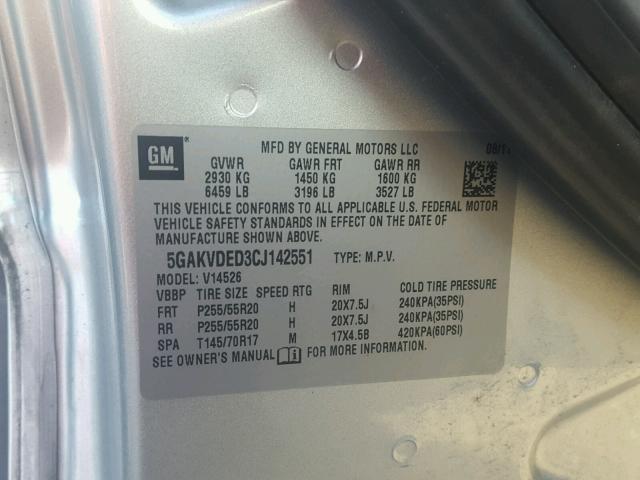 5GAKVDED3CJ142551 - 2012 BUICK ENCLAVE SILVER photo 10