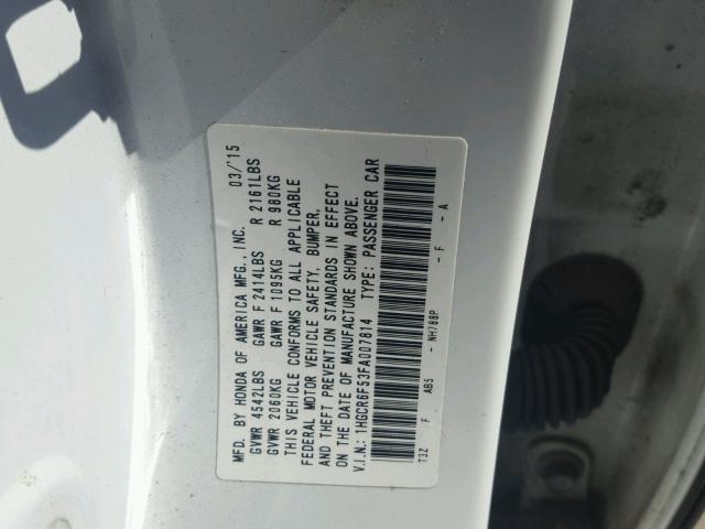 1HGCR6F53FA007814 - 2015 HONDA ACCORD HYB WHITE photo 10