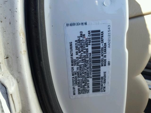 2T1FE22P03C023144 - 2003 TOYOTA CAMRY SOLA WHITE photo 10