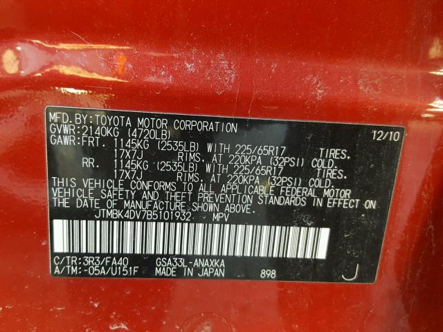 JTMBK4DV7B5101932 - 2011 TOYOTA RAV4 RED photo 10