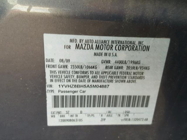 1YVHZ8BH5A5M04887 - 2010 MAZDA 6 I GRAY photo 10