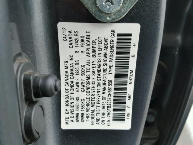 2HGFB2E57CH561558 - 2012 HONDA CIVIC LX GRAY photo 10