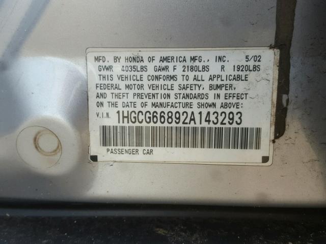 1HGCG66892A143293 - 2002 HONDA ACCORD EX SILVER photo 10