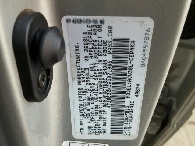 4T1BE32K32U071906 - 2002 TOYOTA CAMRY LE SILVER photo 10