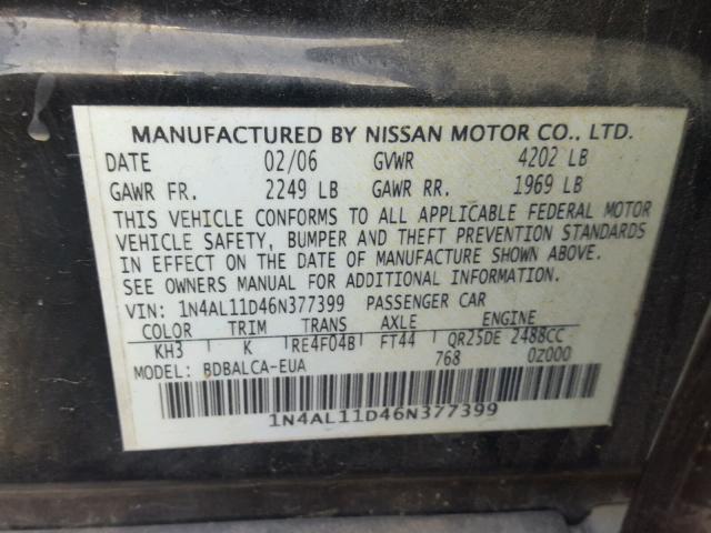 1N4AL11D46N377399 - 2006 NISSAN ALTIMA S BLACK photo 10