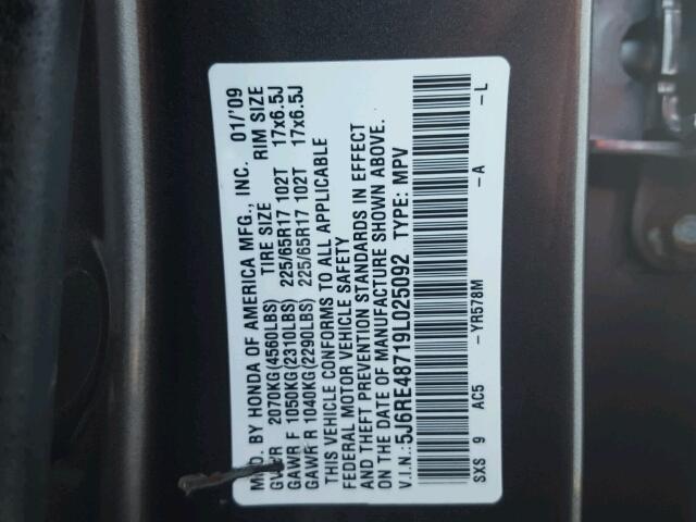 5J6RE48719L025092 - 2009 HONDA CR-V EXL GRAY photo 10