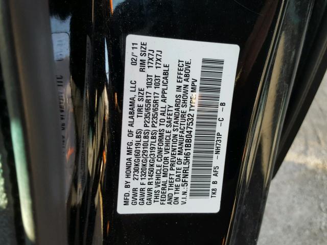 5FNRL5H61BB047532 - 2011 HONDA ODYSSEY EX BLACK photo 10