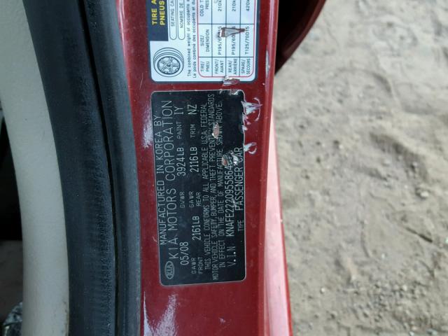 KNAFE222095586461 - 2009 KIA SPECTRA EX RED photo 10