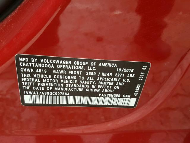 1VWAT7A39GC007564 - 2016 VOLKSWAGEN PASSAT S RED photo 10