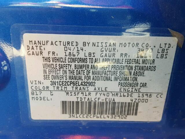 3N1CE2CP6EL432902 - 2014 NISSAN VERSA NOTE BLUE photo 10