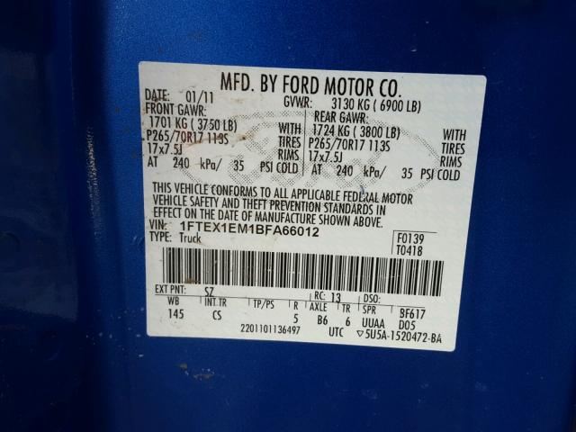 1FTEX1EM1BFA66012 - 2011 FORD F150 SUPER BLUE photo 10