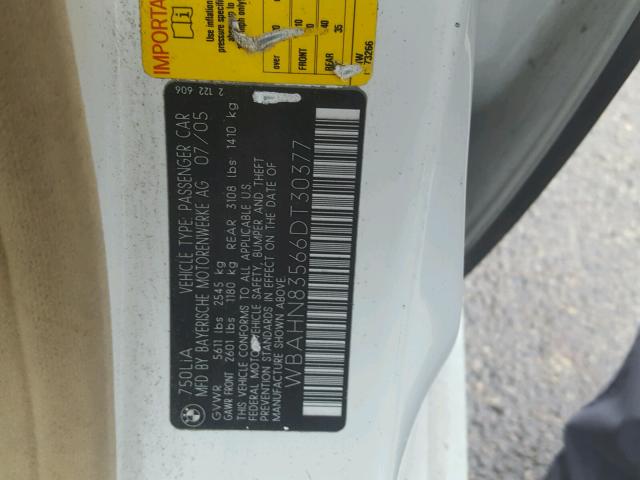 WBAHN83566DT30377 - 2006 BMW 750 LI 白色 照片 10