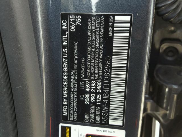 55SWF4JB4FU082985 - 2015 MERCEDES-BENZ C 300 GRAY photo 10