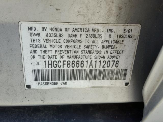 1HGCF86661A112076 - 2001 HONDA ACCORD VAL SILVER photo 10