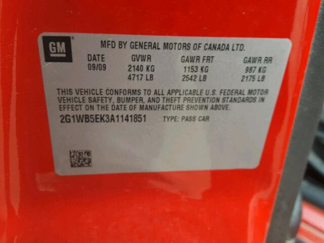 2G1WB5EK3A1141851 - 2010 CHEVROLET IMPALA LT RED photo 10