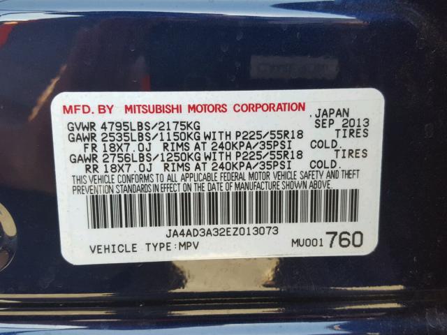 JA4AD3A32EZ013073 - 2014 MITSUBISHI OUTLANDER BLUE photo 10