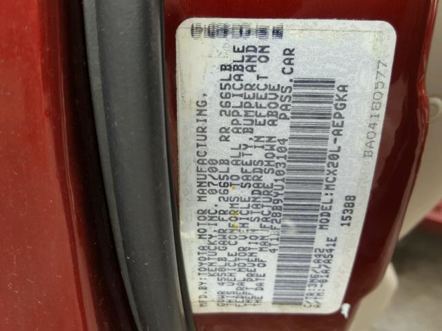 4T1BF28B9YU103104 - 2000 TOYOTA AVALON XL RED photo 10