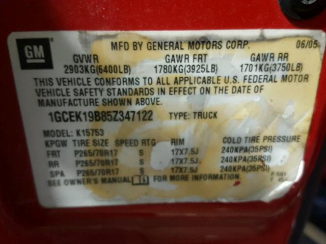 1GCEK19B85Z347122 - 2005 CHEVROLET SILVERADO RED photo 10