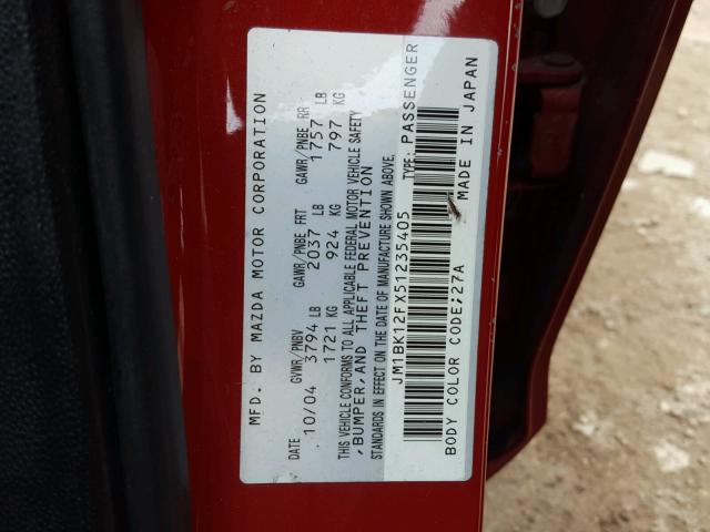 JM1BK12FX51235405 - 2005 MAZDA 3 I RED photo 10