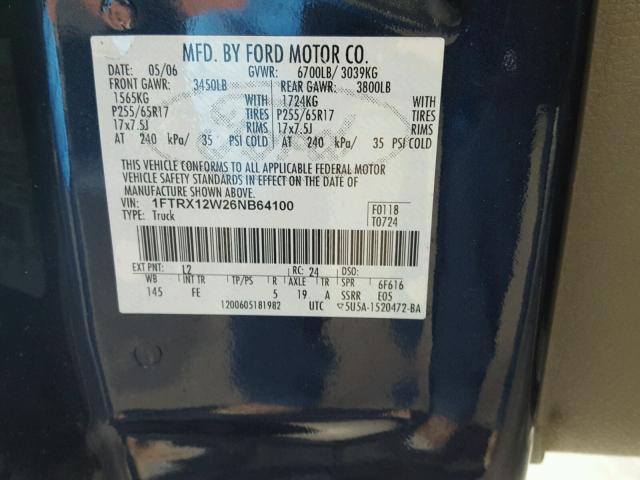 1FTRX12W26NB64100 - 2006 FORD F150 BLUE photo 10