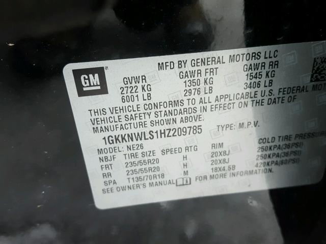 1GKKNWLS1HZ209785 - 2017 GMC ACADIA SLT შავი ფოტო 10