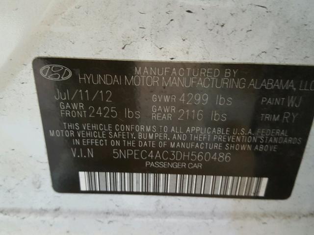 5NPEC4AC3DH560486 - 2013 HYUNDAI SONATA SE WHITE photo 10