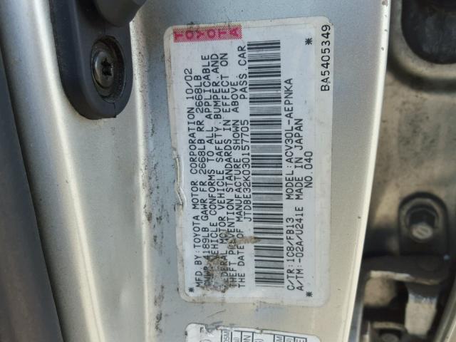 JTDBE32K030157705 - 2003 TOYOTA CAMRY LE SILVER photo 10