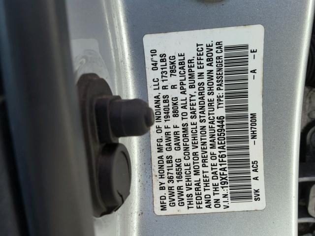 19XFA1F61AE059446 - 2010 HONDA CIVIC SILVER photo 10