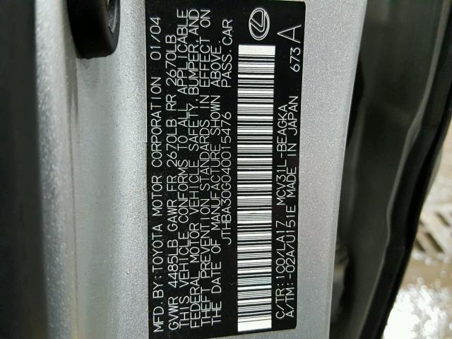 JTHBA30G040015476 - 2004 LEXUS ES 330 SILVER photo 10