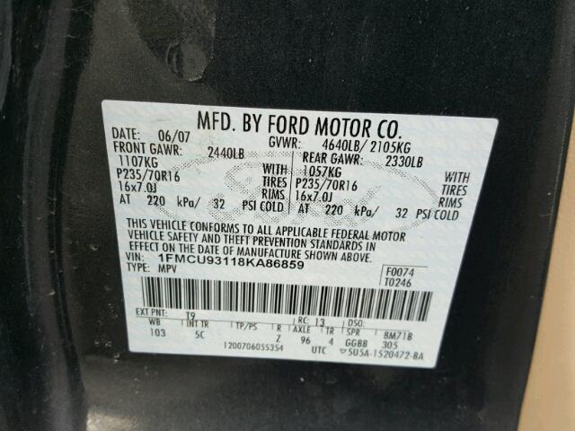 1FMCU93118KA86859 - 2008 FORD ESCAPE XLT CHARCOAL photo 10