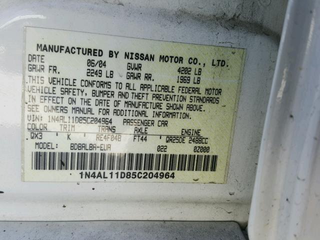 1N4AL11D85C204964 - 2005 NISSAN ALTIMA S WHITE photo 10