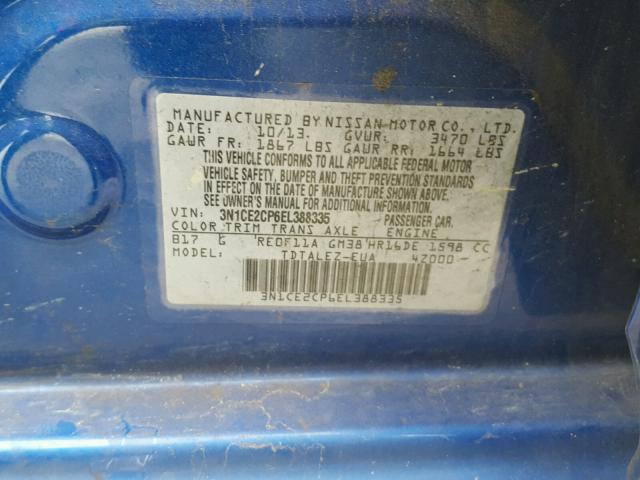 3N1CE2CP6EL388335 - 2014 NISSAN VERSA NOTE BLUE photo 10