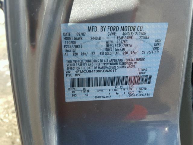 1FMCU94108KB82917 - 2008 FORD ESCAPE LIM GRAY photo 10