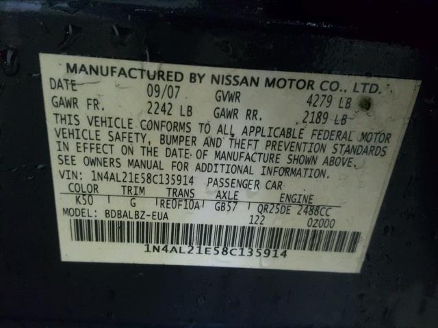 1N4AL21E58C135914 - 2008 NISSAN ALTIMA 2.5 GRAY photo 10