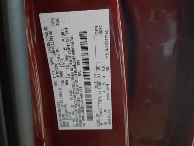 1FMCU9GD0JUA87788 - 2018 FORD ESCAPE SE RED photo 10