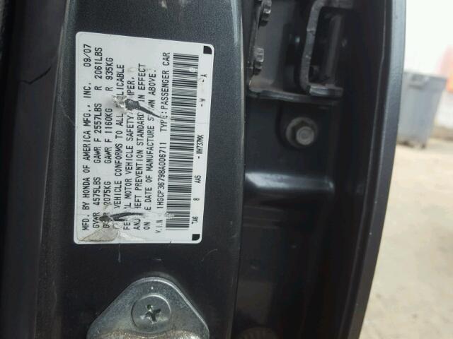 1HGCP36798A006711 - 2008 HONDA ACCORD EX GRAY photo 10