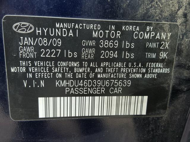 KMHDU46D39U675639 - 2009 HYUNDAI ELANTRA GL BLUE photo 10