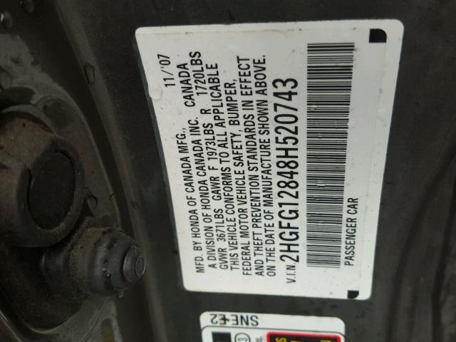 2HGFG12848H520743 - 2008 HONDA CIVIC EX GRAY photo 10