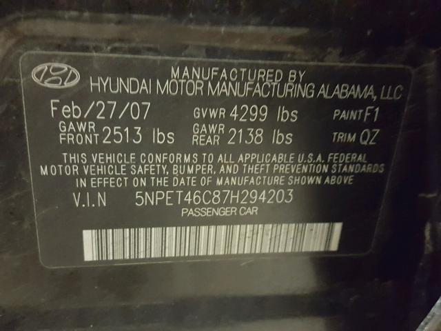 5NPET46C87H294203 - 2007 HYUNDAI SONATA GLS BLACK photo 10