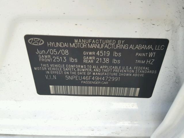 5NPEU46F49H472991 - 2009 HYUNDAI SONATA SE WHITE photo 10