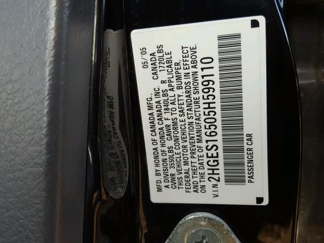 2HGES16505H599110 - 2005 HONDA CIVIC LX BLACK photo 10