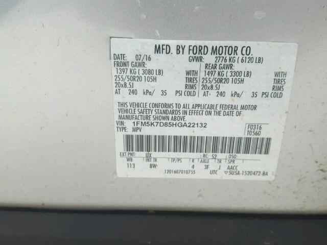 1FM5K7D85HGA22132 - 2017 FORD EXPLORER X SILVER photo 10