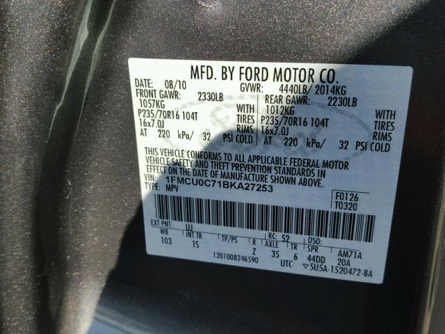 1FMCU0C71BKA27253 - 2011 FORD ESCAPE XLS GRAY photo 10