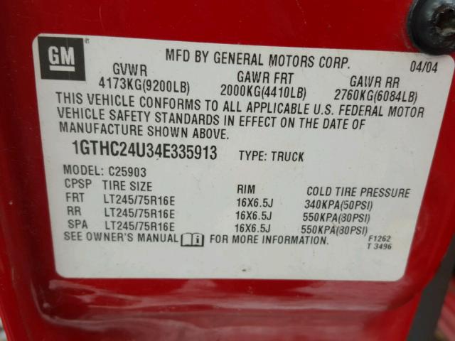 1GTHC24U34E335913 - 2004 GMC SIERRA C25 RED photo 10