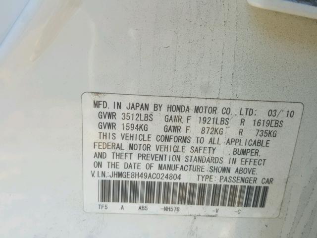 JHMGE8H49AC024804 - 2010 HONDA FIT SPORT WHITE photo 10