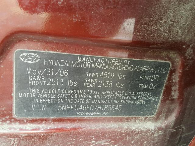 5NPEU46F07H185645 - 2007 HYUNDAI SONATA SE MAROON photo 10